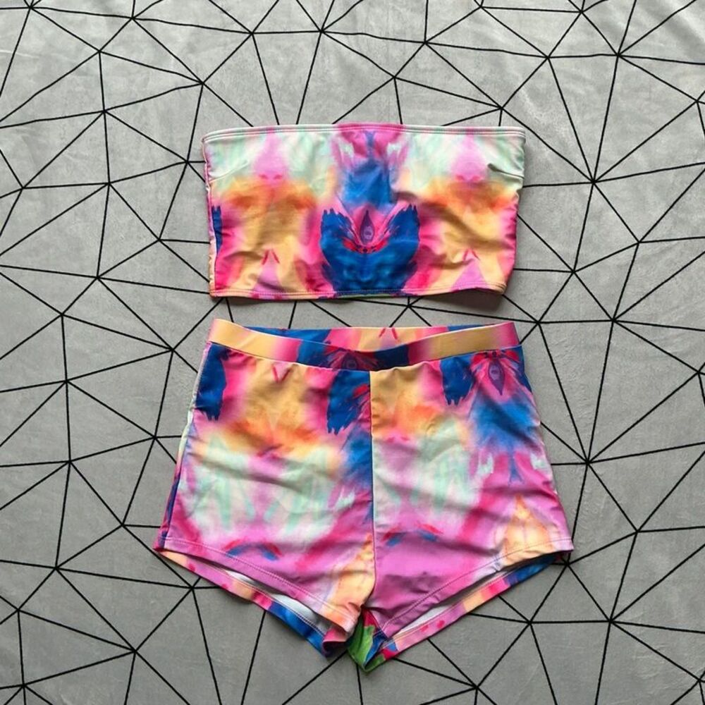 Tie Dye Bandeau & Boy Short Swimsuit - Two Piece - M